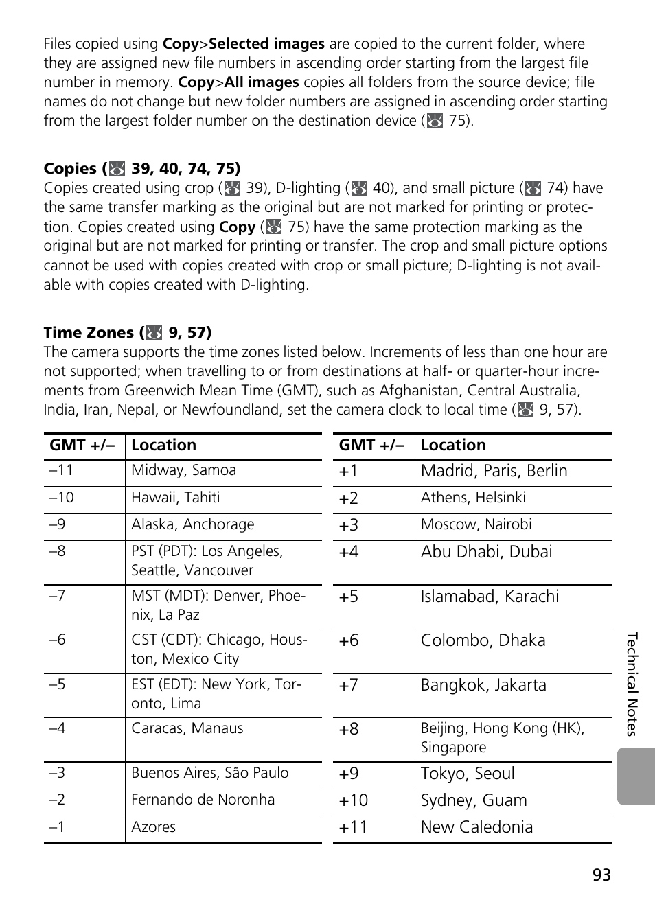 Copies ( 39, 40, 74, 75), Time zones ( 9, 57) | Nikon Coolpix L4 User Manual | Page 105 / 112
