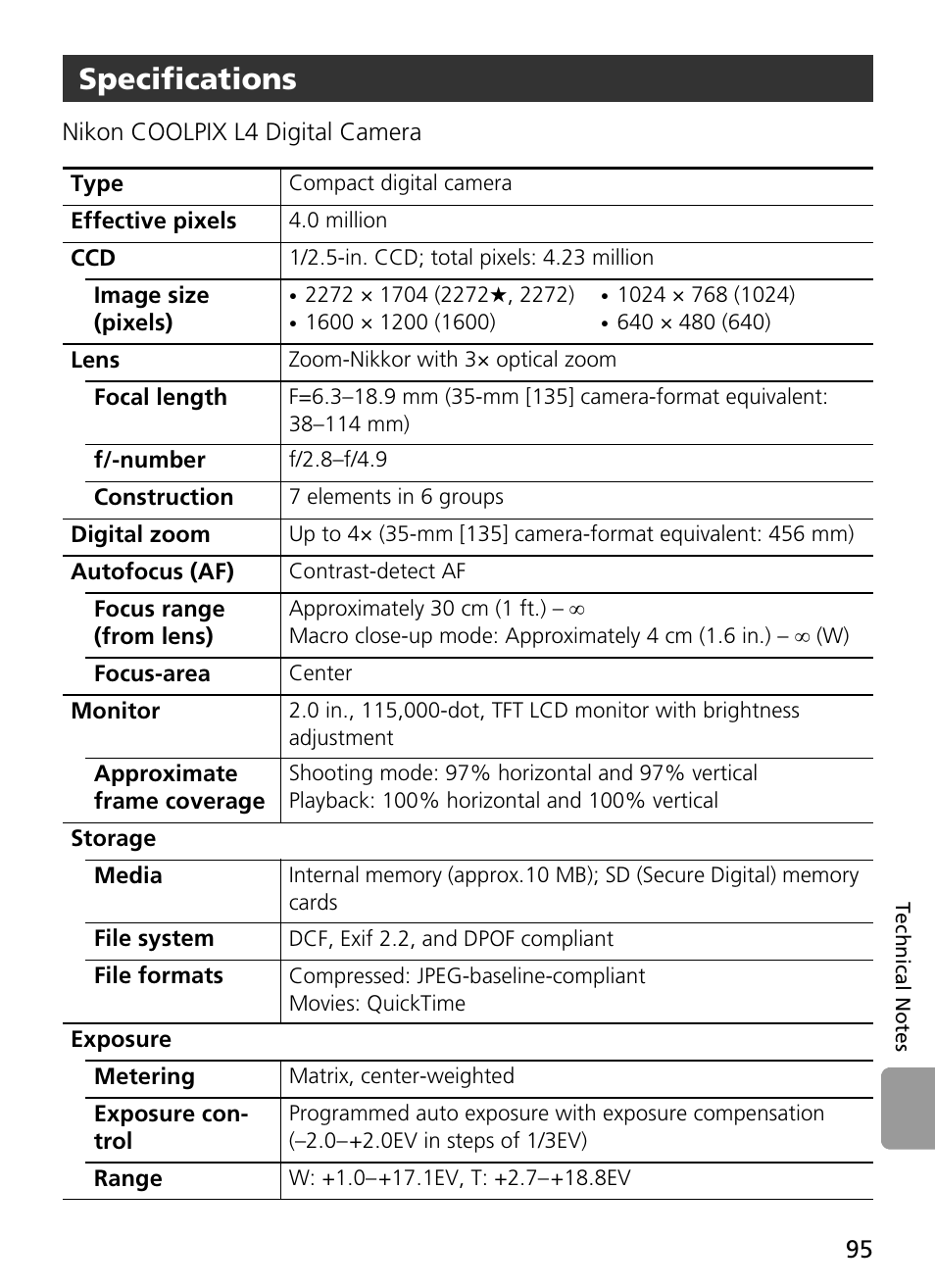 Specifications | Nikon Coolpix L4 User Manual | Page 107 / 112