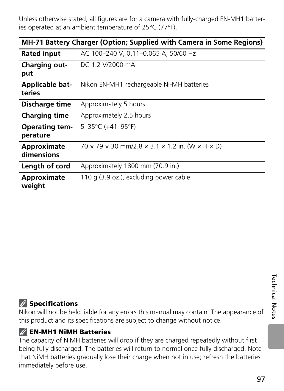 Specifications, En-mh1 nimh batteries | Nikon Coolpix L4 User Manual | Page 109 / 112
