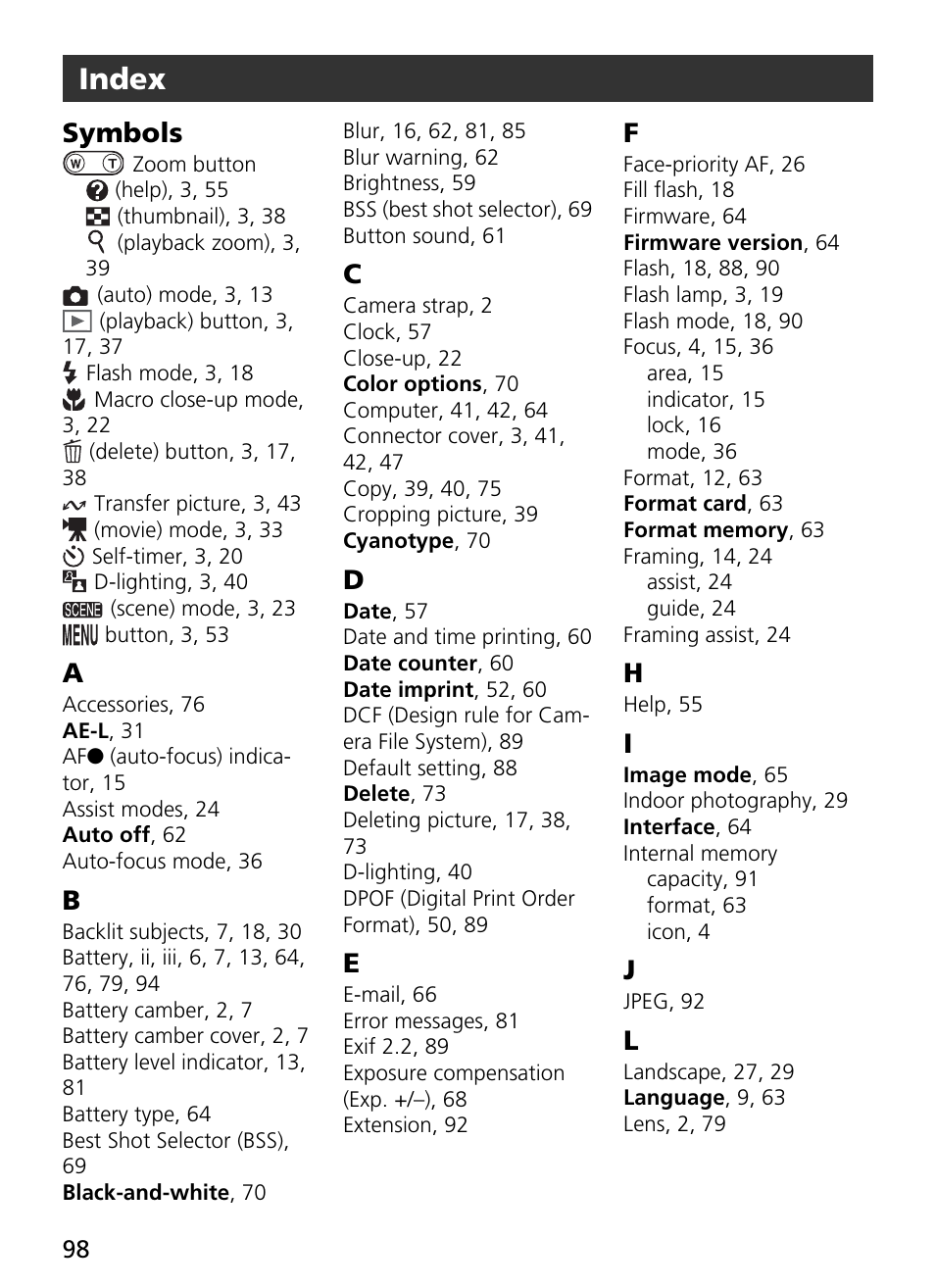 Symbols, Index | Nikon Coolpix L4 User Manual | Page 110 / 112