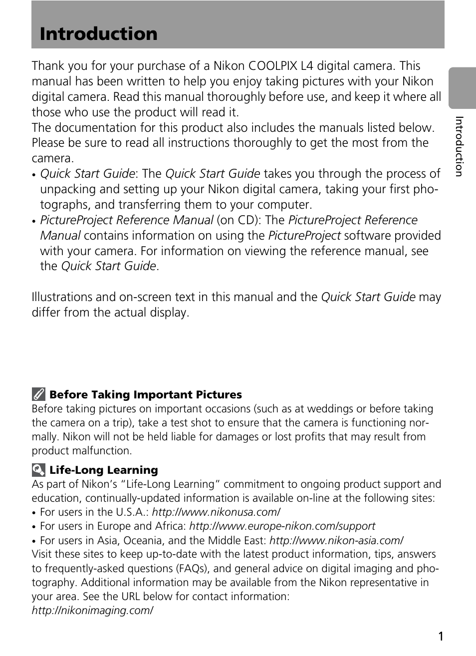 Introduction | Nikon Coolpix L4 User Manual | Page 13 / 112