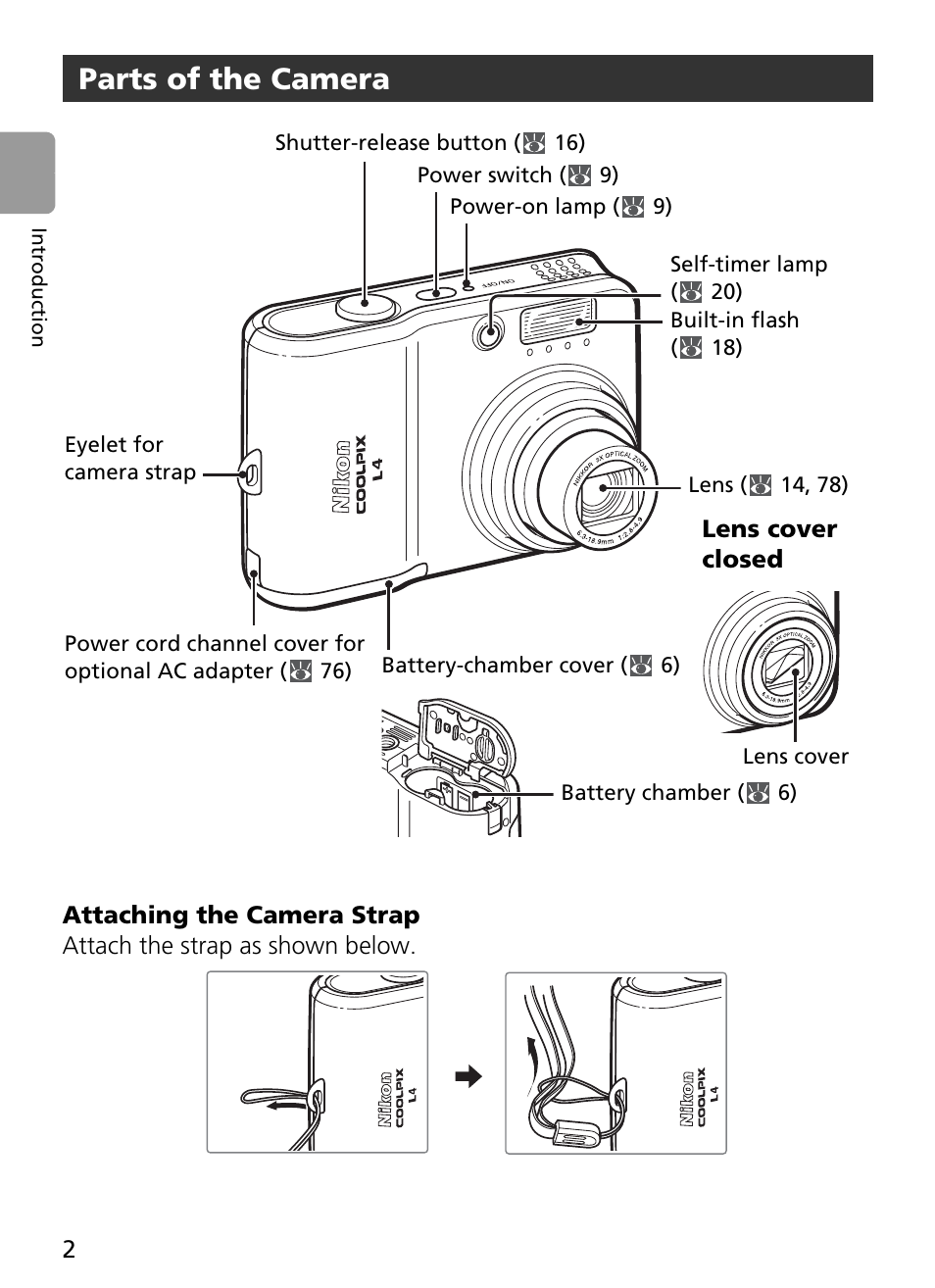 Attach the strap as shown below, Parts of the camera | Nikon Coolpix L4 User Manual | Page 14 / 112