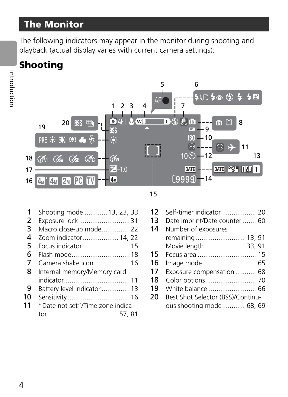 1 shooting mode 13, 23, 33, 2 exposure lock 31, 3 macro close-up mode 22 | 4 zoom indicator 14, 22, 5 focus indicator 15, 6 flash mode 18, 7 camera shake icon 16, 8 internal memory/memory card indicator 11, 9 battery level indicator 13, 10 sensitivity 16 | Nikon Coolpix L4 User Manual | Page 16 / 112