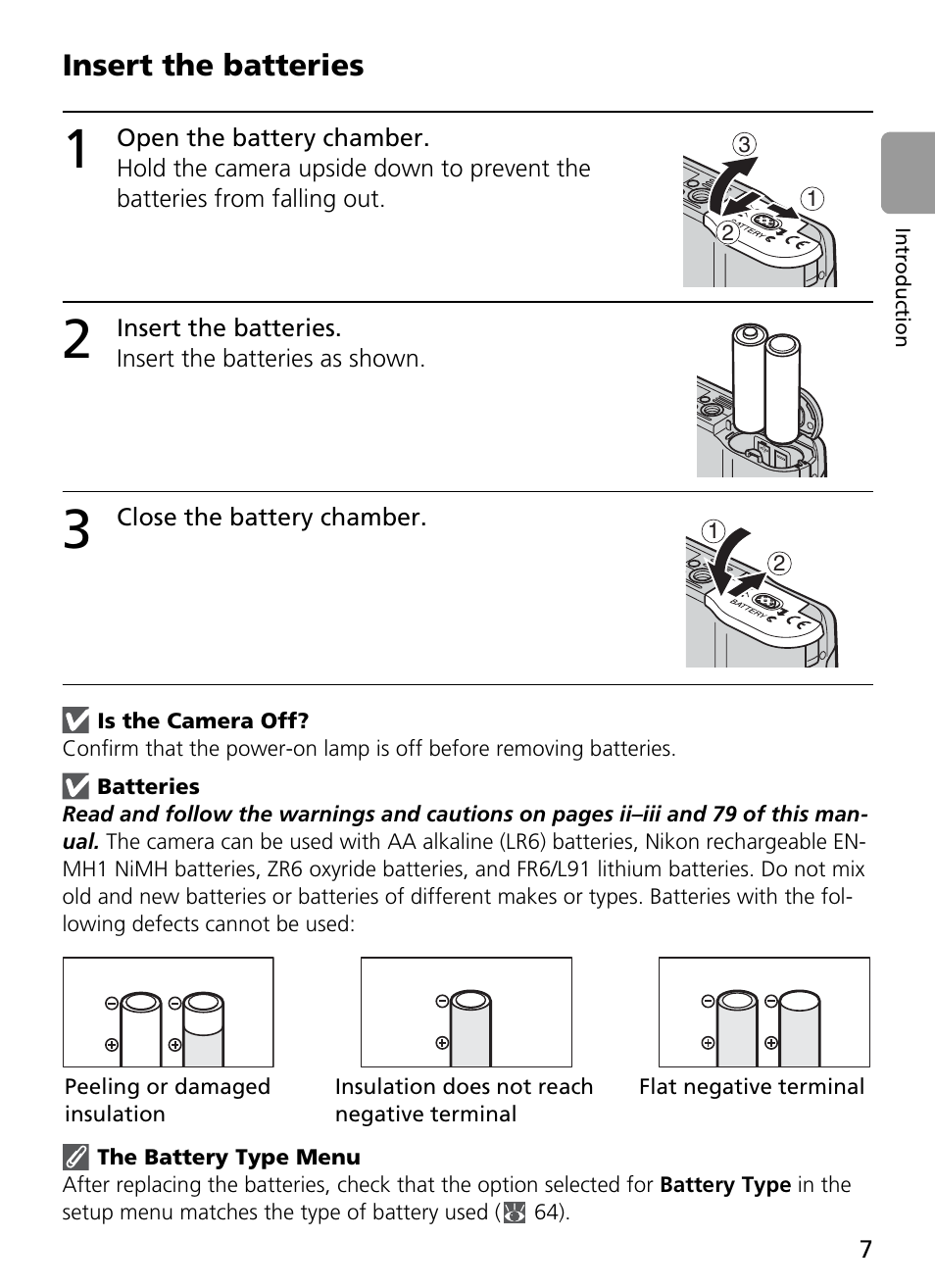 1 open the battery chamber, 2 insert the batteries, 3 close the battery chamber | Insert the batteries | Nikon Coolpix L4 User Manual | Page 19 / 112