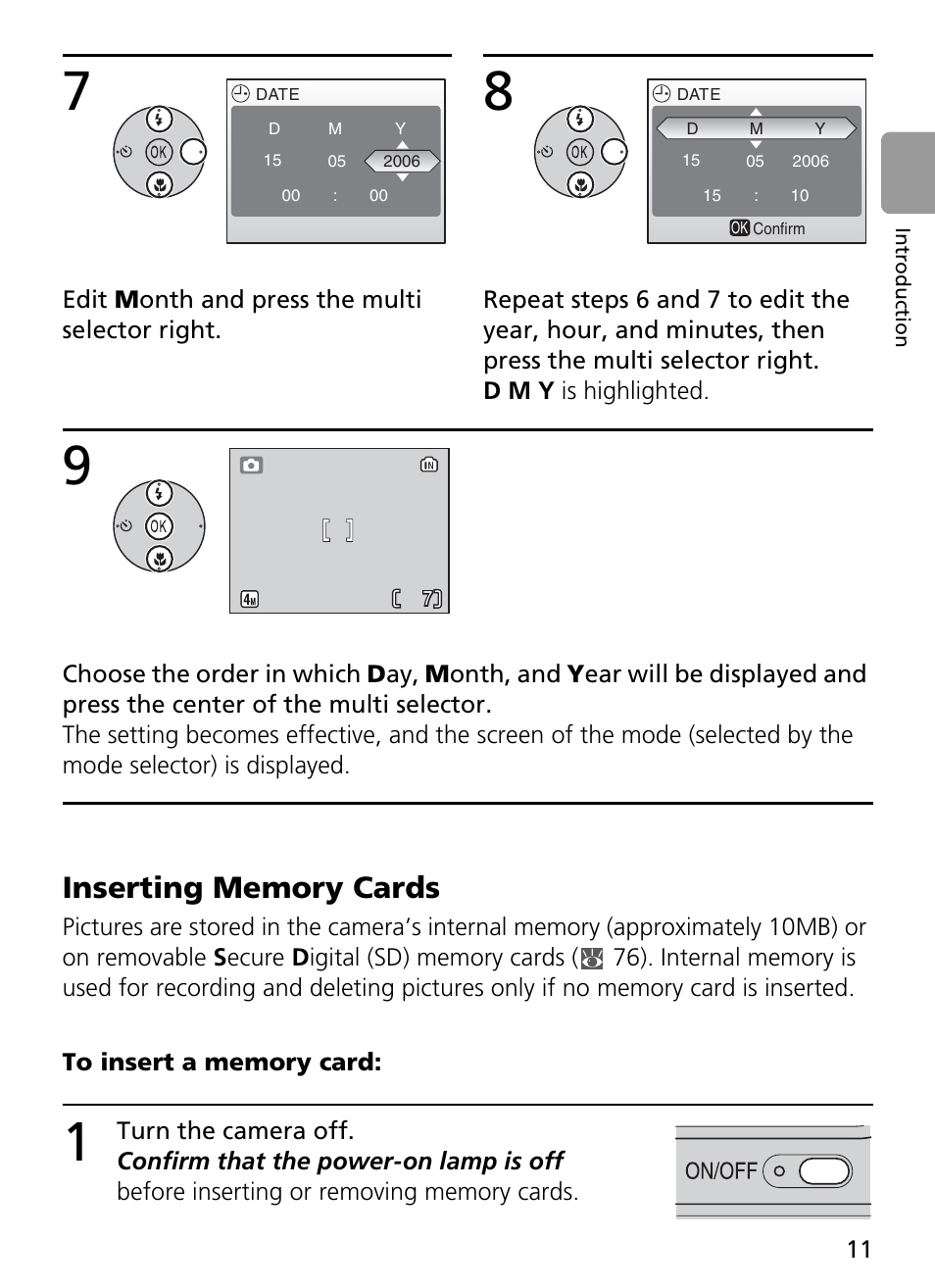 1 turn the camera off, Inserting memory cards | Nikon Coolpix L4 User Manual | Page 23 / 112