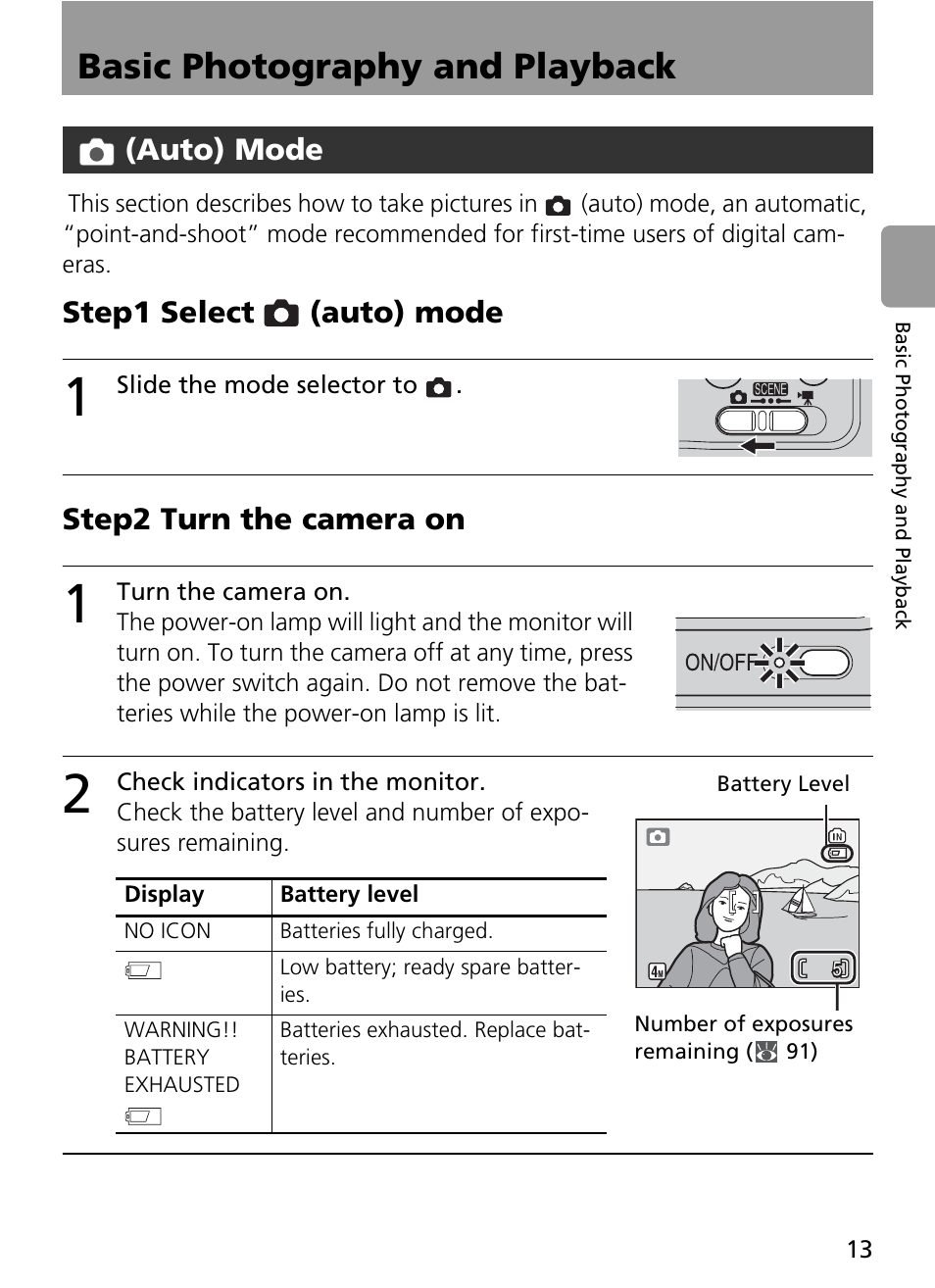 Basic photography and playback, 1 slide the mode selector to, 1 turn the camera on | 2 check indicators in the monitor, Display, Battery level, Auto) mode, Step1 select, Step2 turn the camera on | Nikon Coolpix L4 User Manual | Page 25 / 112