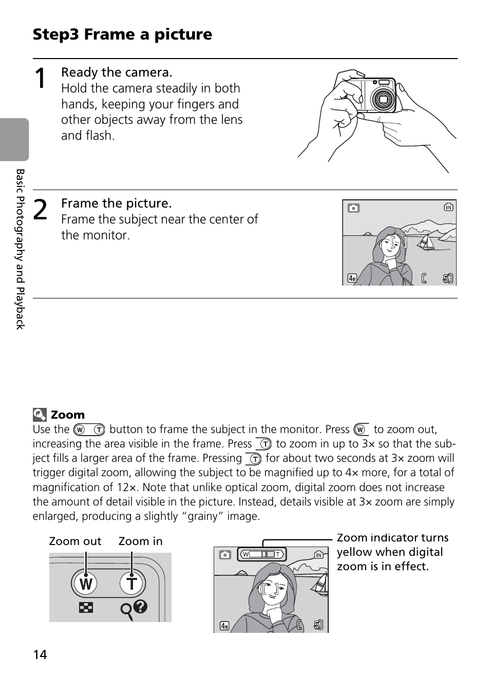 1 ready the camera, 2 frame the picture, Zoom | Step3 frame a picture | Nikon Coolpix L4 User Manual | Page 26 / 112