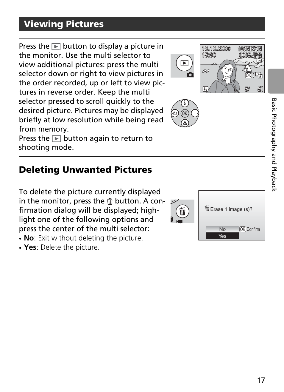 Viewing pictures, Deleting unwanted pictures, No : exit without deleting the picture | Yes : delete the picture | Nikon Coolpix L4 User Manual | Page 29 / 112