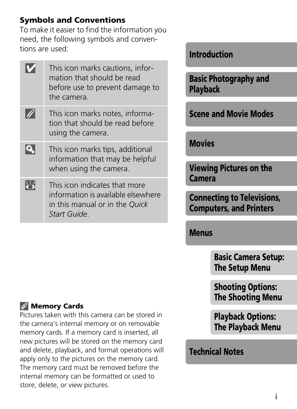 Symbols and conventions, Memory cards | Nikon Coolpix L4 User Manual | Page 3 / 112