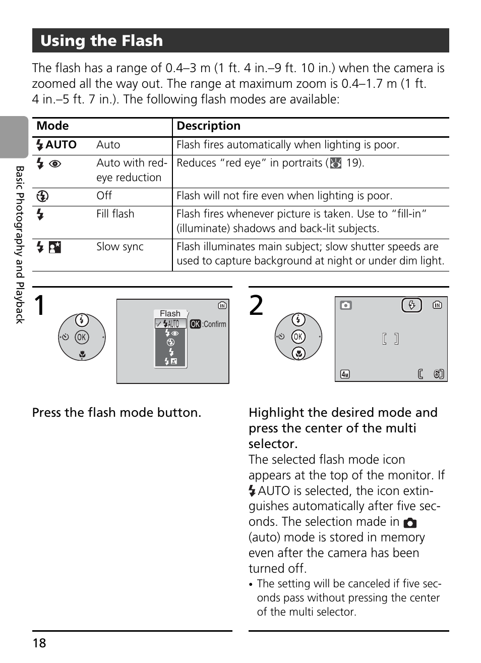 Mode, Description, Using the flash | Nikon Coolpix L4 User Manual | Page 30 / 112