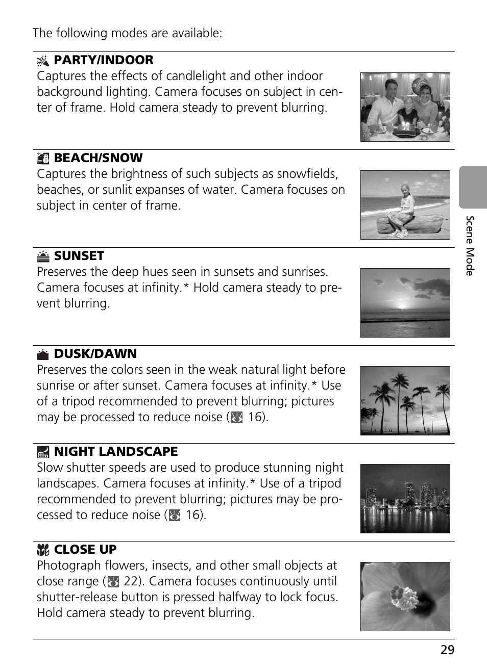 Party/indoor, Beach/snow, Sunset | Dusk/dawn, Night landscape, Close up | Nikon Coolpix L4 User Manual | Page 41 / 112