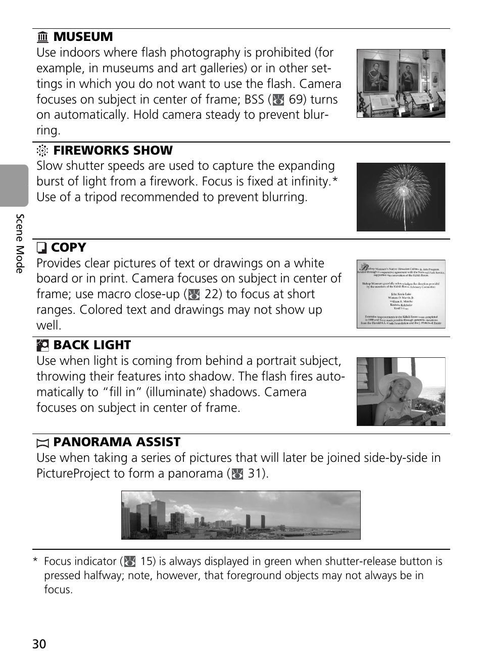 Museum, Fireworks show, Copy | Back light, Panorama assist | Nikon Coolpix L4 User Manual | Page 42 / 112