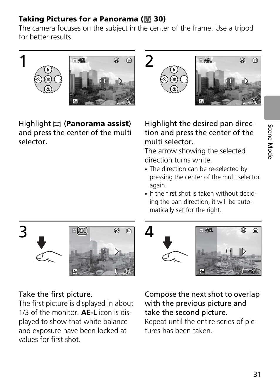 Taking pictures for a panorama ( 30) | Nikon Coolpix L4 User Manual | Page 43 / 112