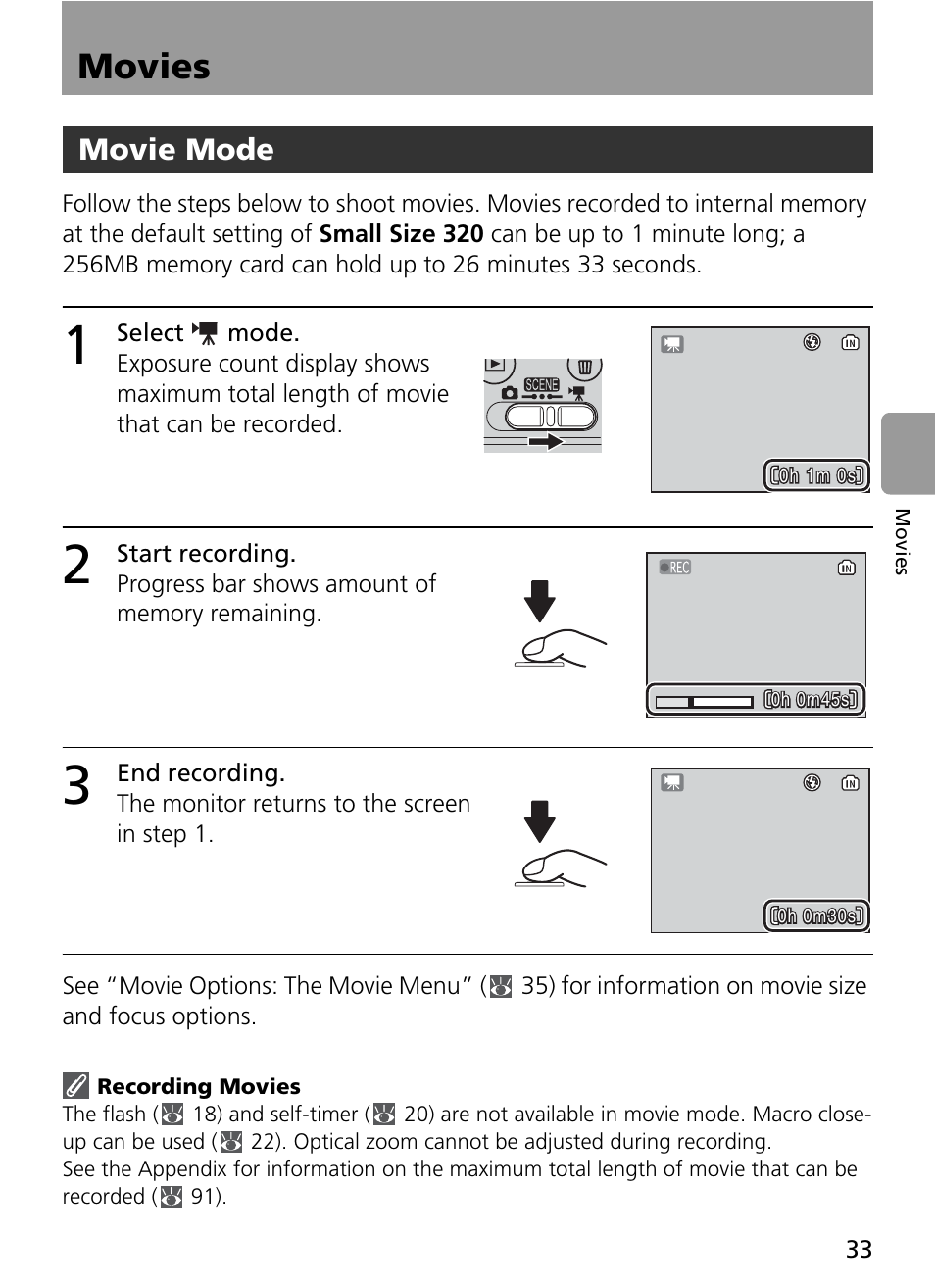Movies, 1 select mode, 2 start recording | 3 end recording, Movie mode | Nikon Coolpix L4 User Manual | Page 45 / 112