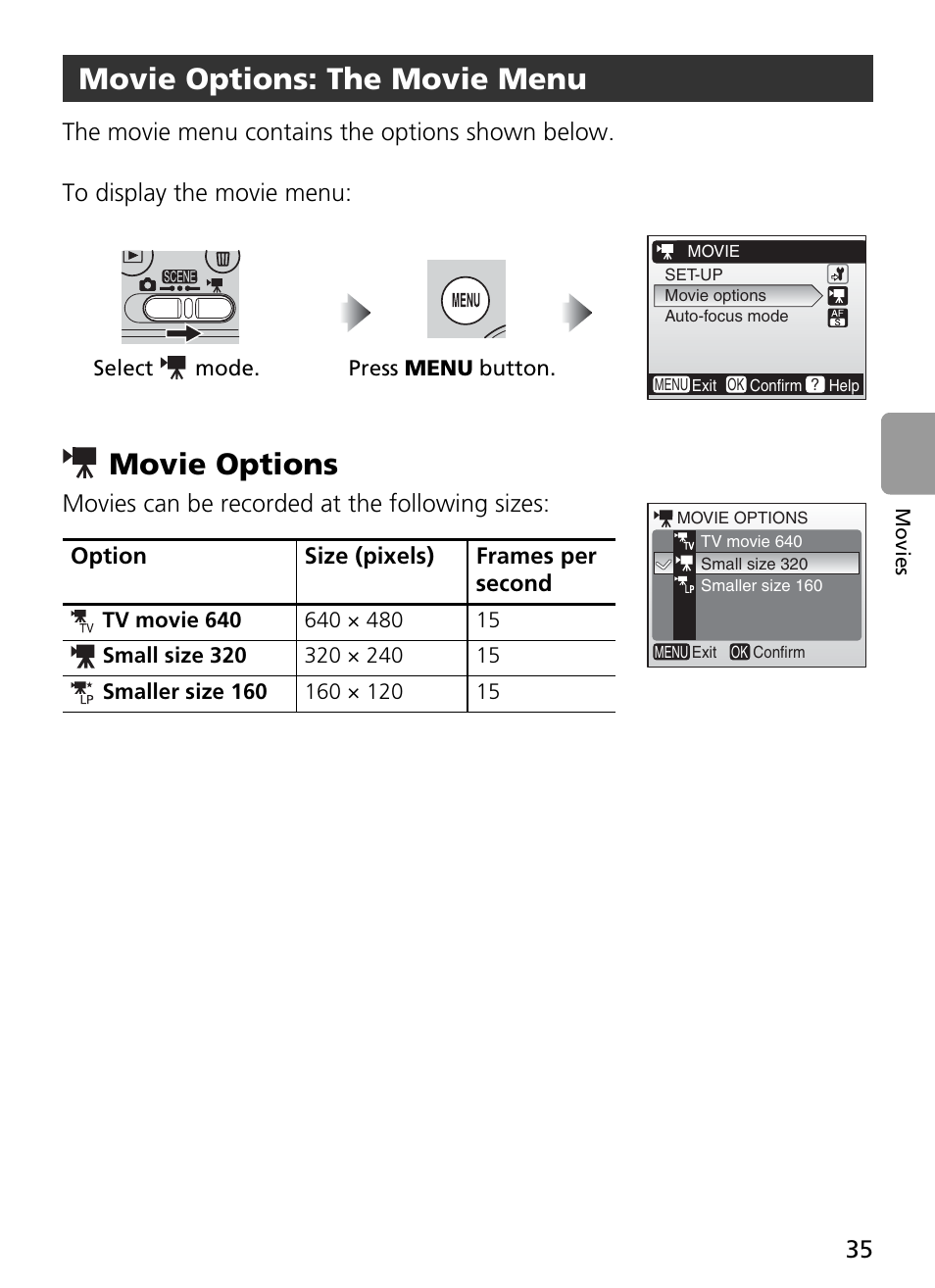 Movie options: the movie menu, Movie options, 35) for in | Movies can be recorded at the following sizes | Nikon Coolpix L4 User Manual | Page 47 / 112