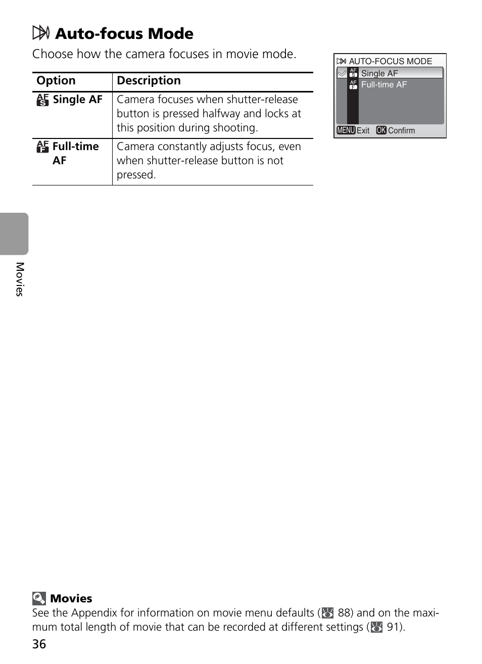 Auto-focus mode, Choose how the camera focuses in movie mode | Nikon Coolpix L4 User Manual | Page 48 / 112