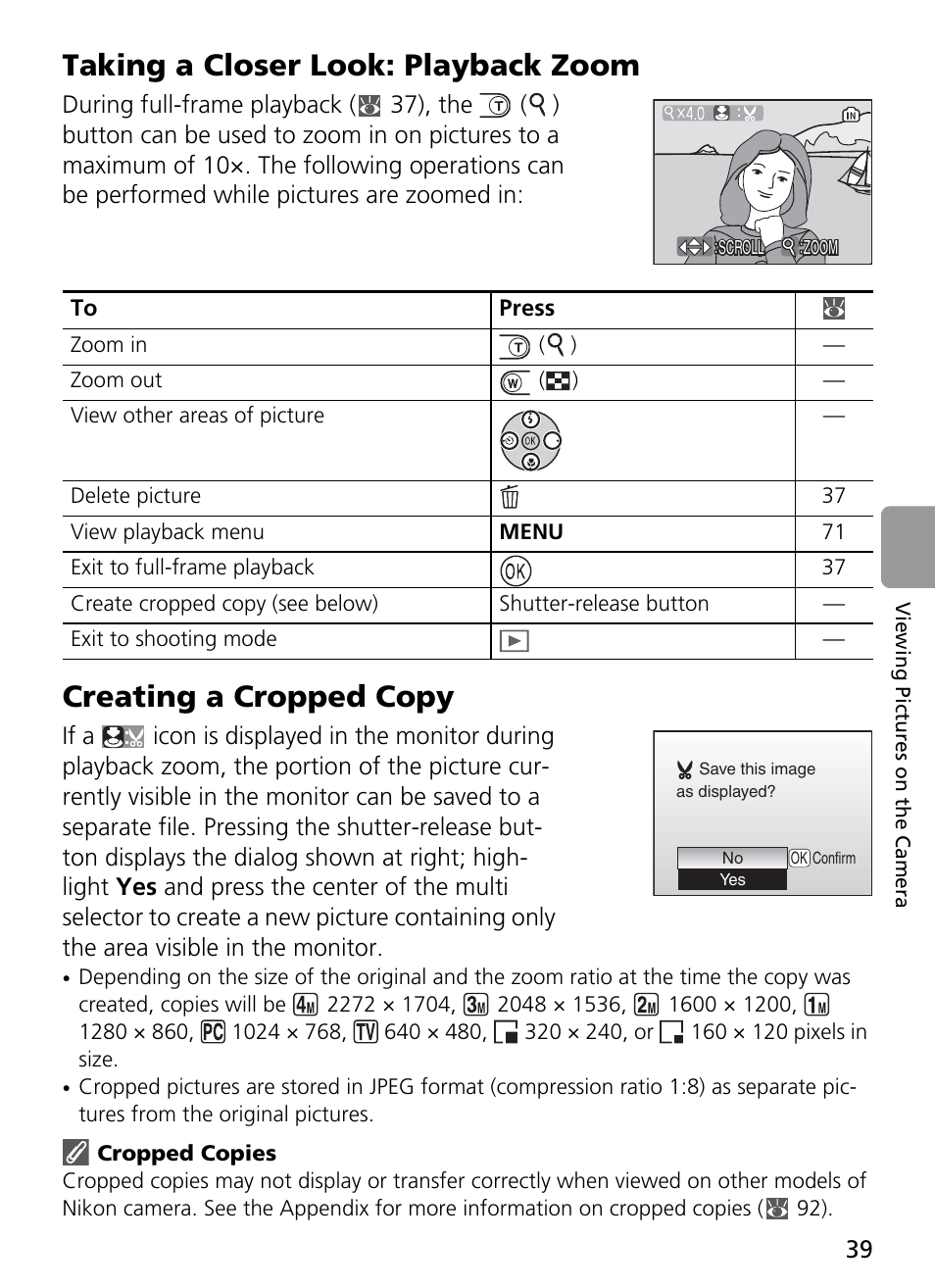 Taking a closer look: playback zoom, Creating a cropped copy | Nikon Coolpix L4 User Manual | Page 51 / 112