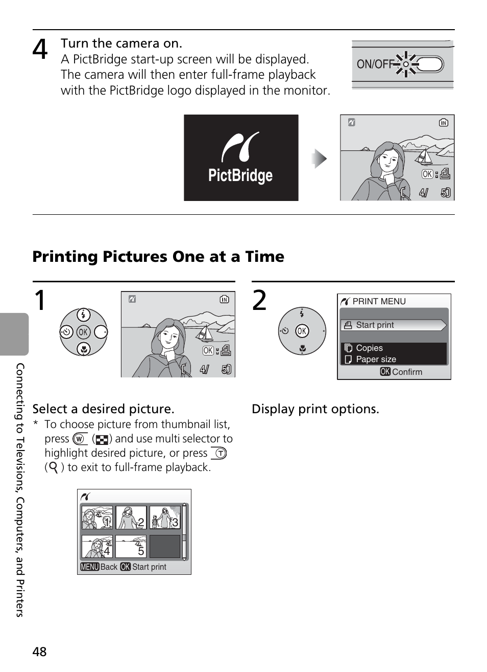 4 turn the camera on, Printing pictures one at a time, Pictbridge | Nikon Coolpix L4 User Manual | Page 60 / 112