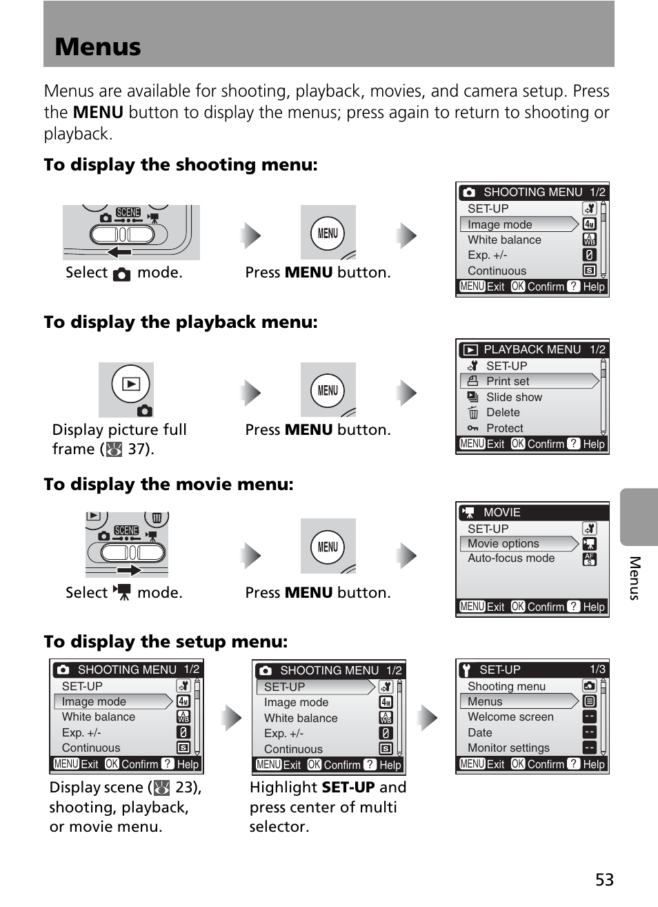 Menus, Select mode. press menu button | Nikon Coolpix L4 User Manual | Page 65 / 112