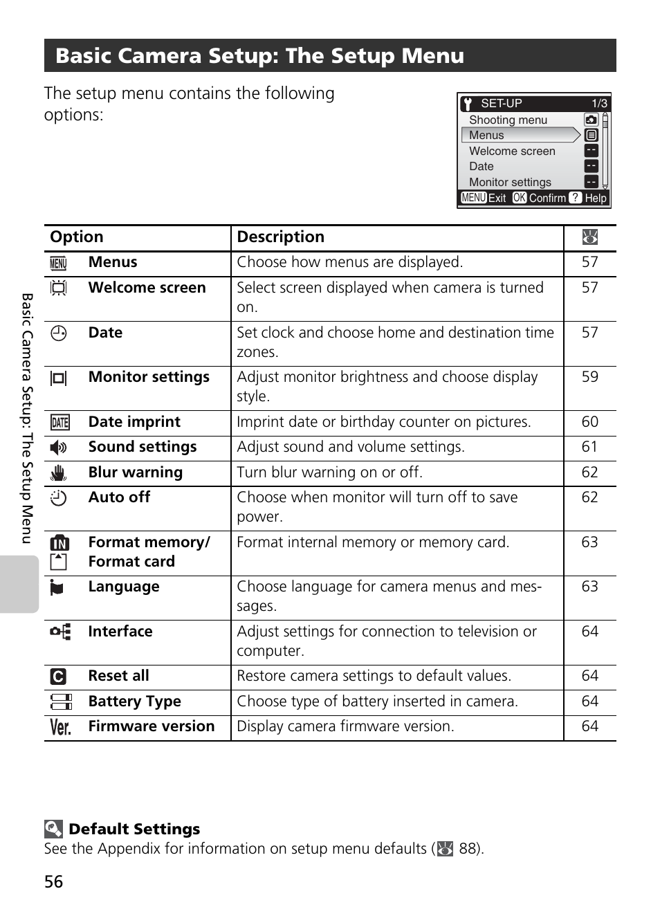Basic camera setup: the setup menu, The setup menu contains the following options | Nikon Coolpix L4 User Manual | Page 68 / 112