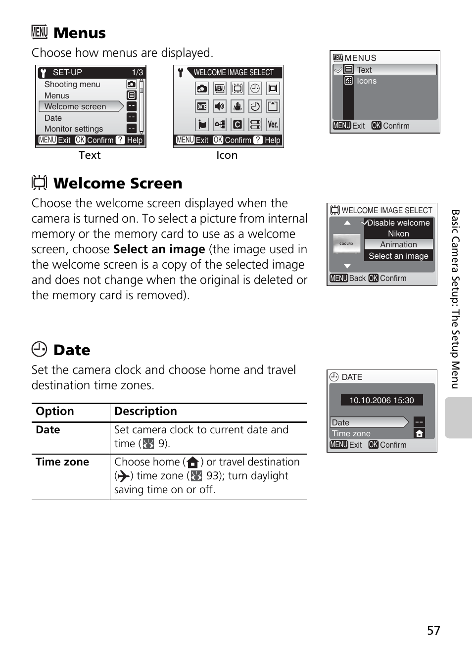 Menus welcome screen date, Menus, Welcome screen | Date, Choose how menus are displayed, Option description | Nikon Coolpix L4 User Manual | Page 69 / 112