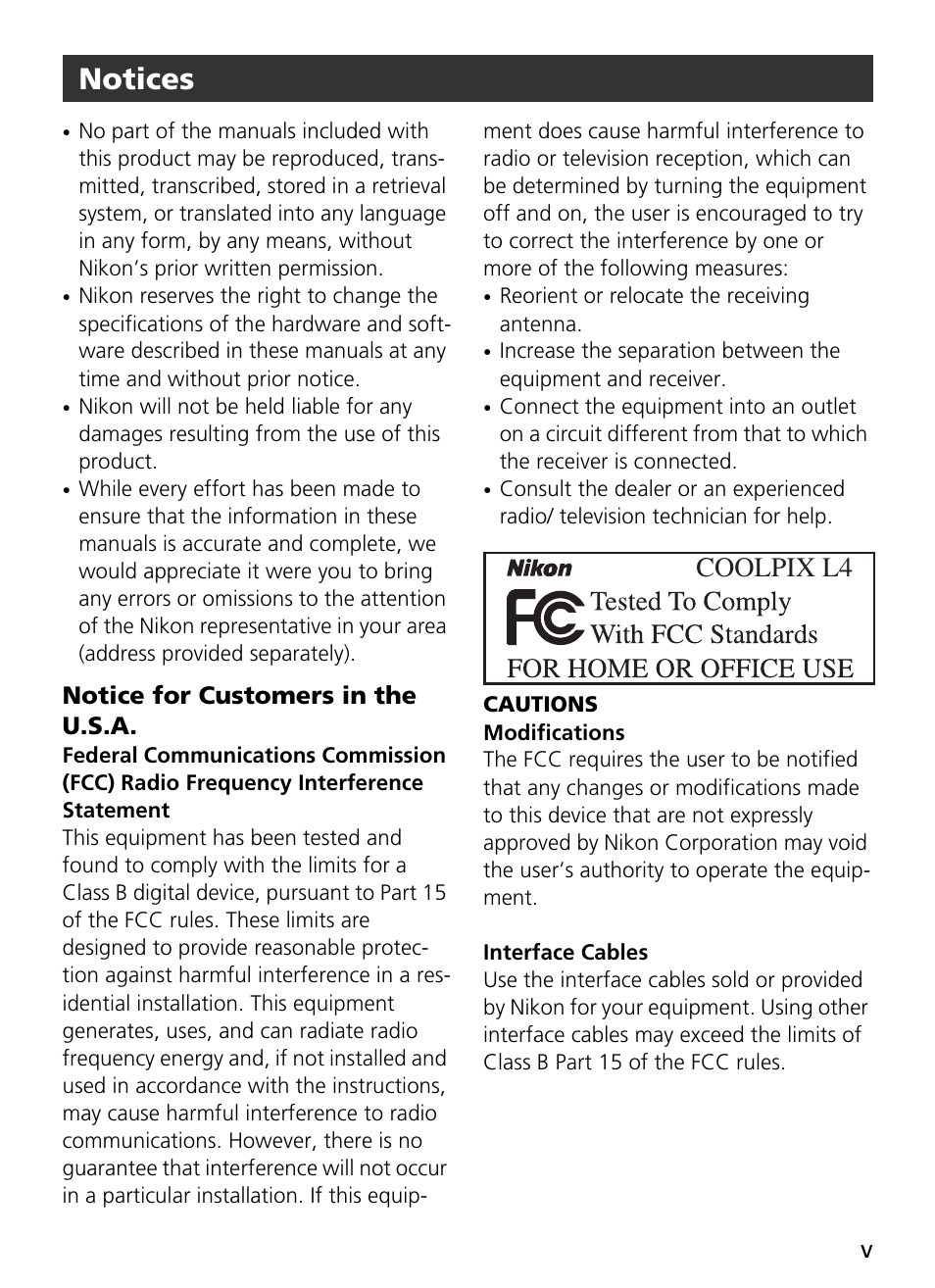 Notice for customers in the u.s.a, Cautions, Notices | Coolpix l4 | Nikon Coolpix L4 User Manual | Page 7 / 112