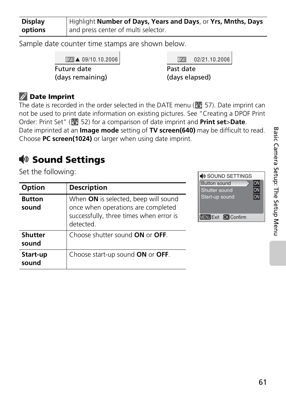 Sound settings, Sample date counter time stamps are shown below, Set the following | Nikon Coolpix L4 User Manual | Page 73 / 112