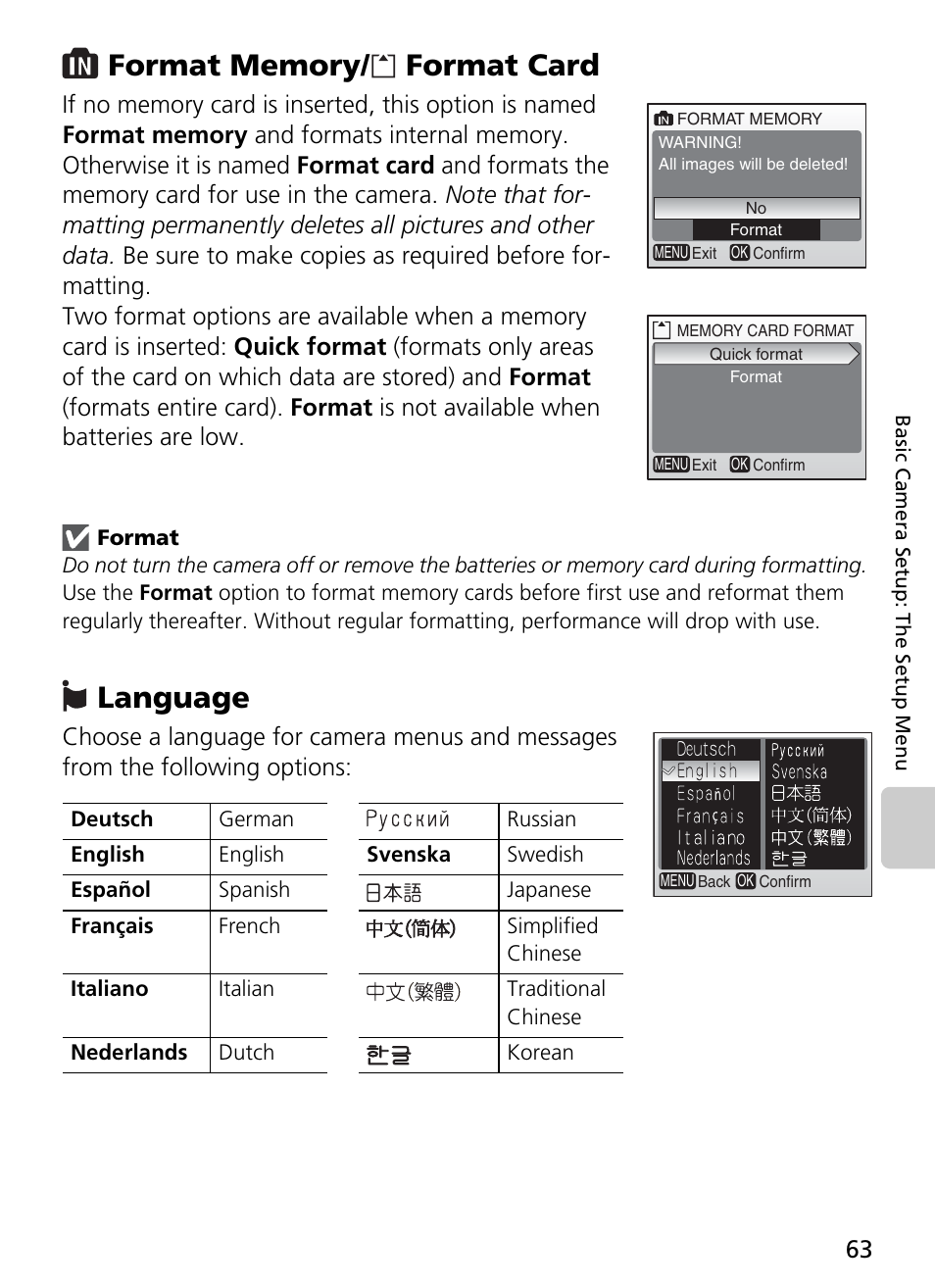 Format memory/ format card language, Language | Nikon Coolpix L4 User Manual | Page 75 / 112