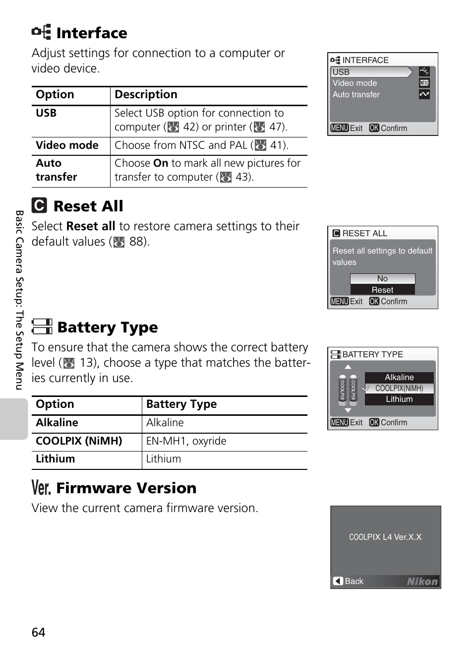 Interface reset all battery type firmware version, 64). see, Interface | Reset all, Battery type, Firmware version, View the current camera firmware version | Nikon Coolpix L4 User Manual | Page 76 / 112