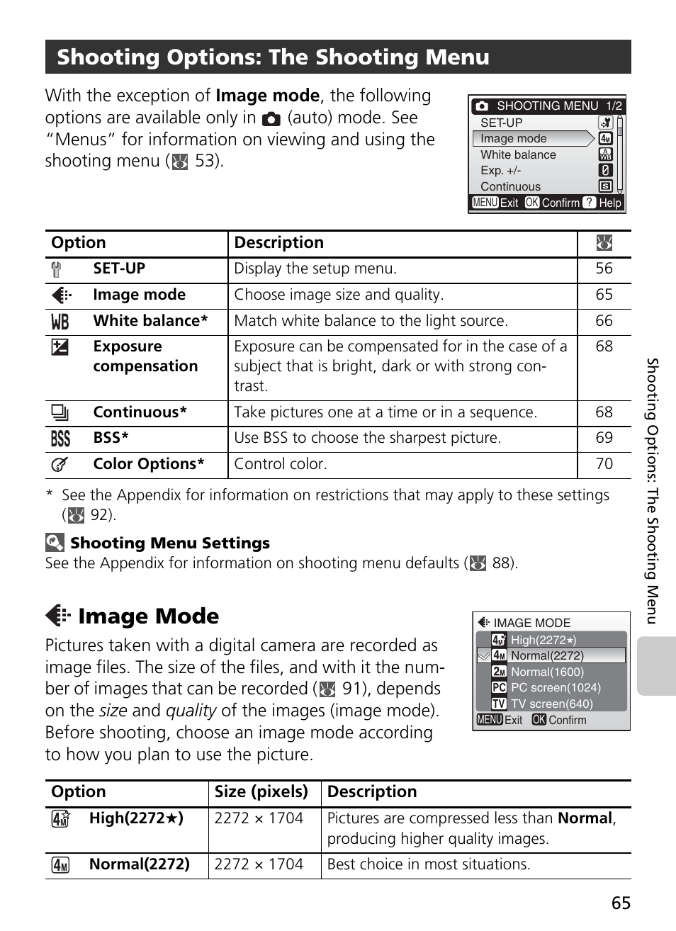Shooting options: the shooting menu, Image mode, 65) c | Nikon Coolpix L4 User Manual | Page 77 / 112