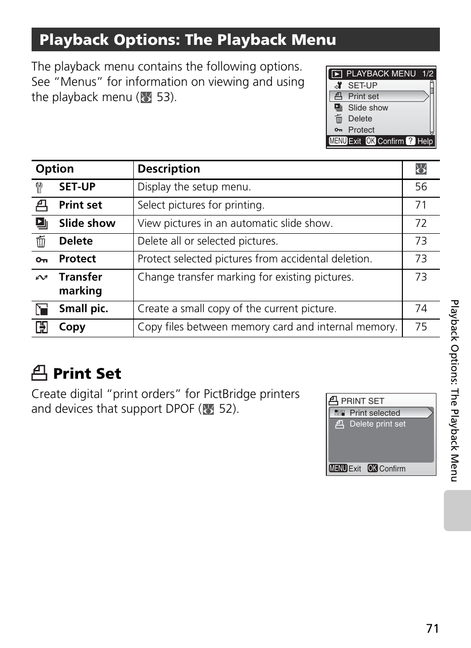 Playback options: the playback menu, Print set | Nikon Coolpix L4 User Manual | Page 83 / 112