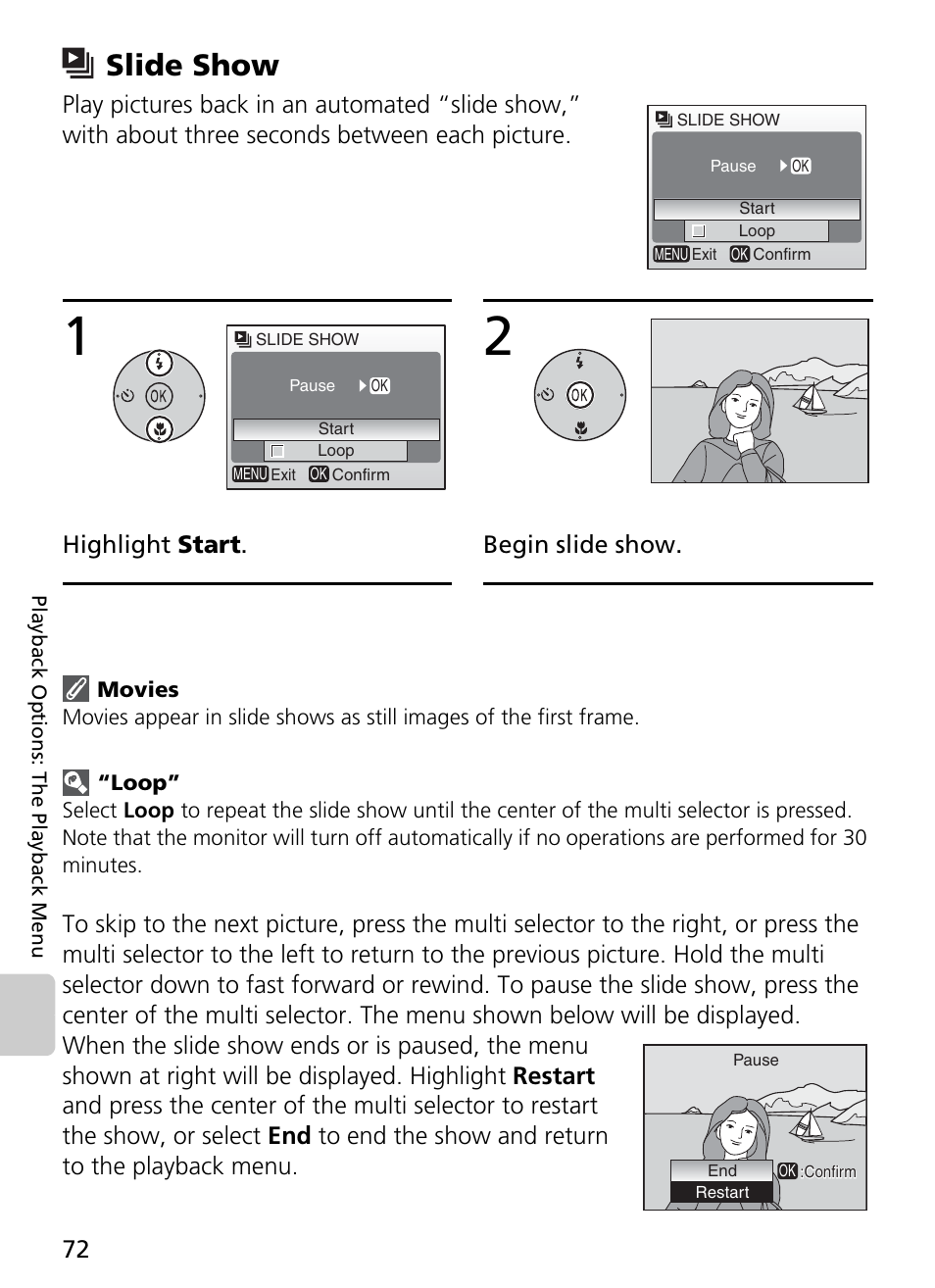 Slide show, Highlight start . begin slide show | Nikon Coolpix L4 User Manual | Page 84 / 112
