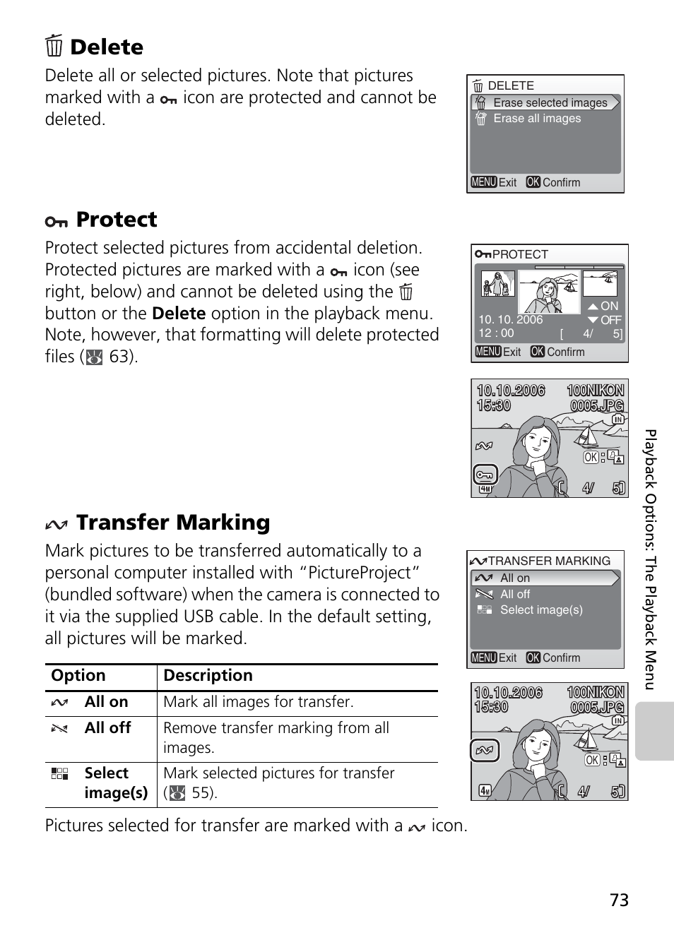 Delete protect transfer marking, 73), or, Delete | Protect, Transfer marking | Nikon Coolpix L4 User Manual | Page 85 / 112