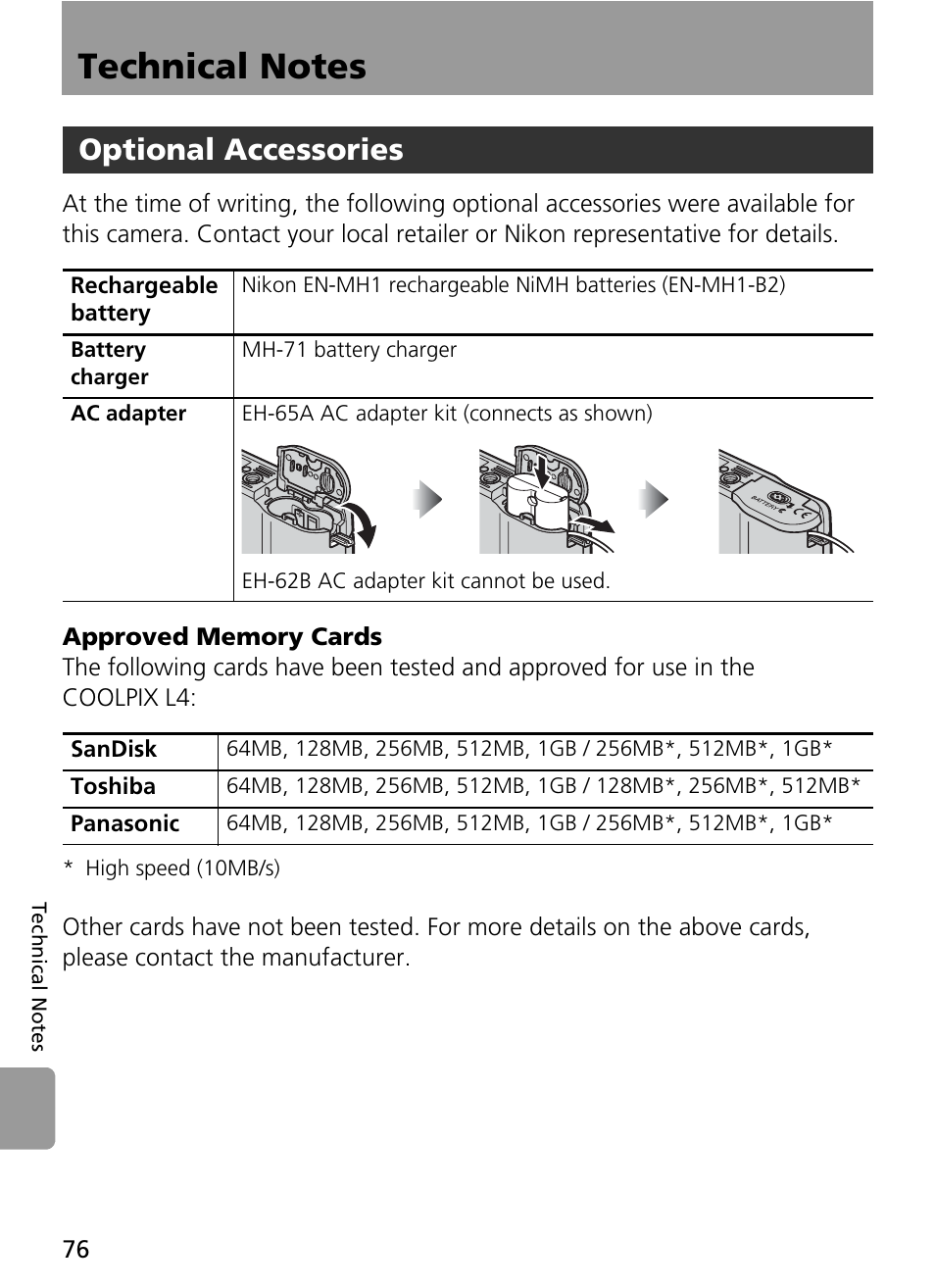 Technical notes, Optional accessories | Nikon Coolpix L4 User Manual | Page 88 / 112