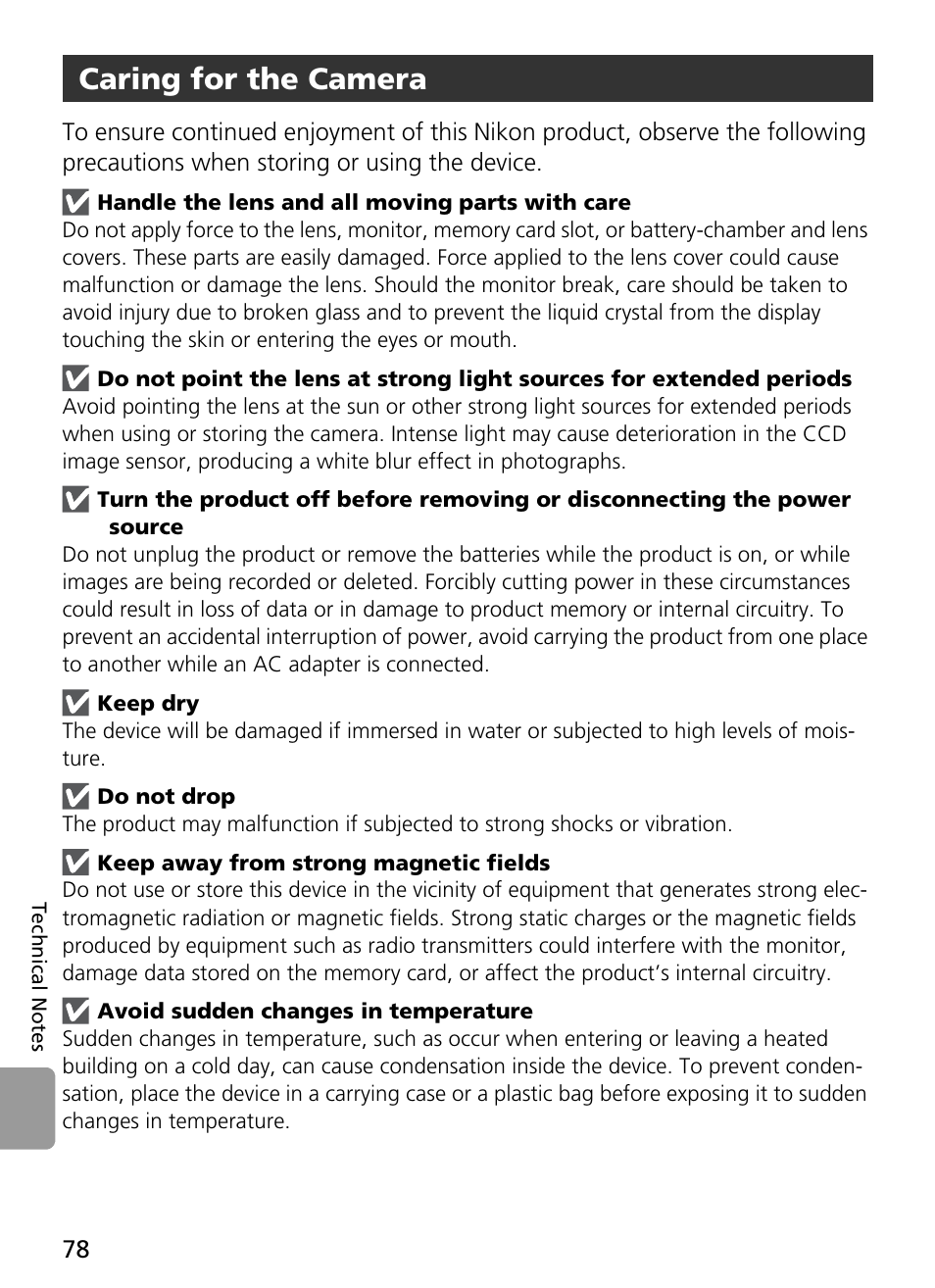 Handle the lens and all moving parts with care, Keep dry, Do not drop | Keep away from strong magnetic fields, Avoid sudden changes in temperature, Caring for the camera | Nikon Coolpix L4 User Manual | Page 90 / 112