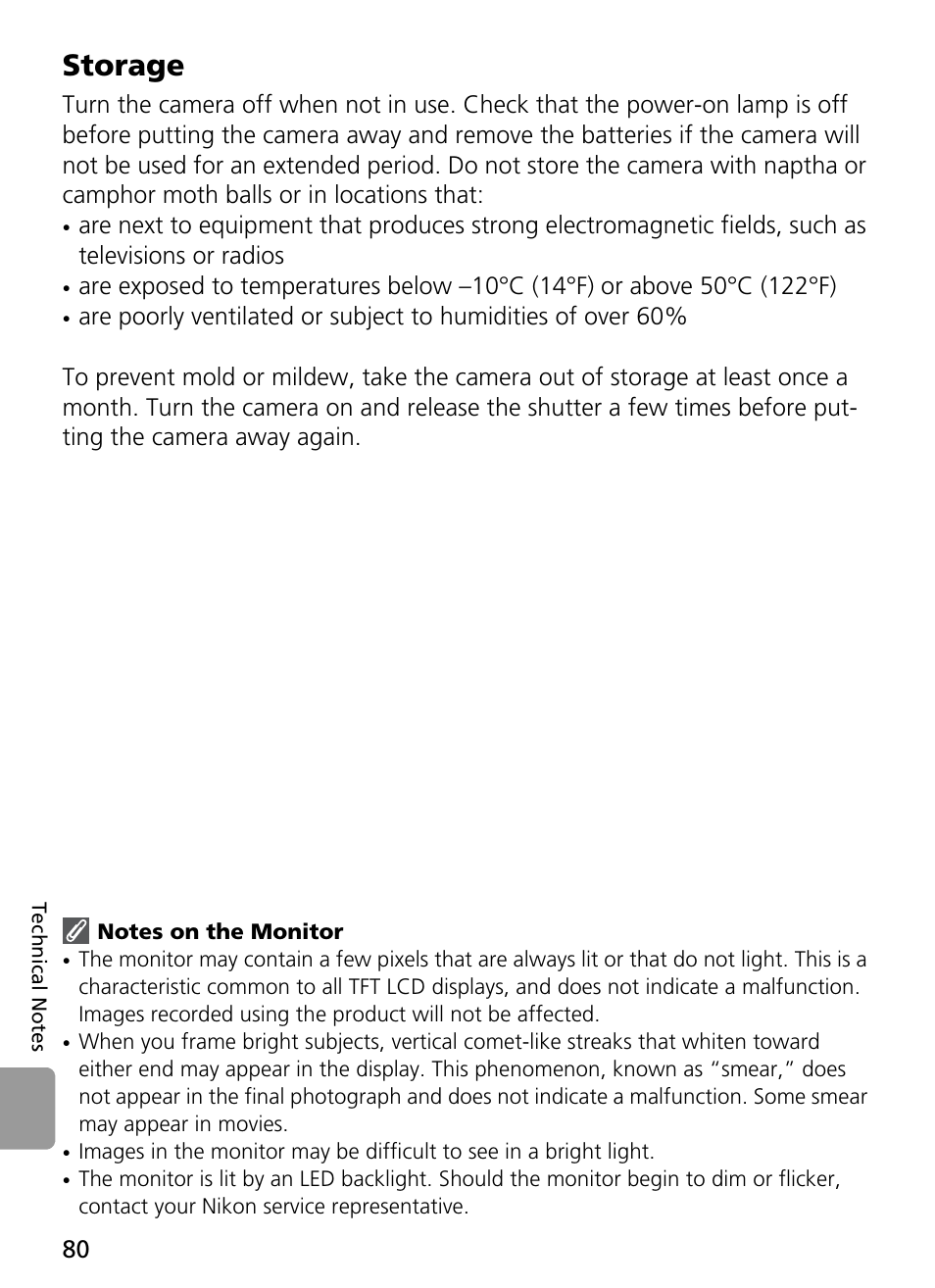 Storage, Notes on the monitor | Nikon Coolpix L4 User Manual | Page 92 / 112