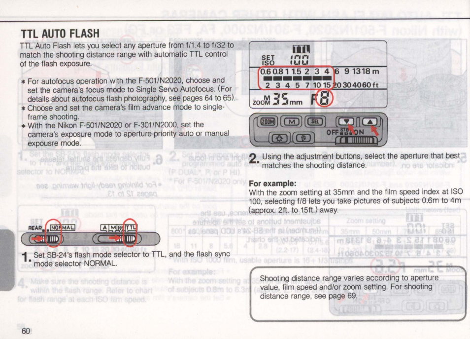 With an af nikkor or nikkor lens w/built-in cpu, 2 3 4 5 7 10 15120304060ft, With other lenses | Nikon Autofocus Speedlight SB-24 User Manual | Page 60 / 157