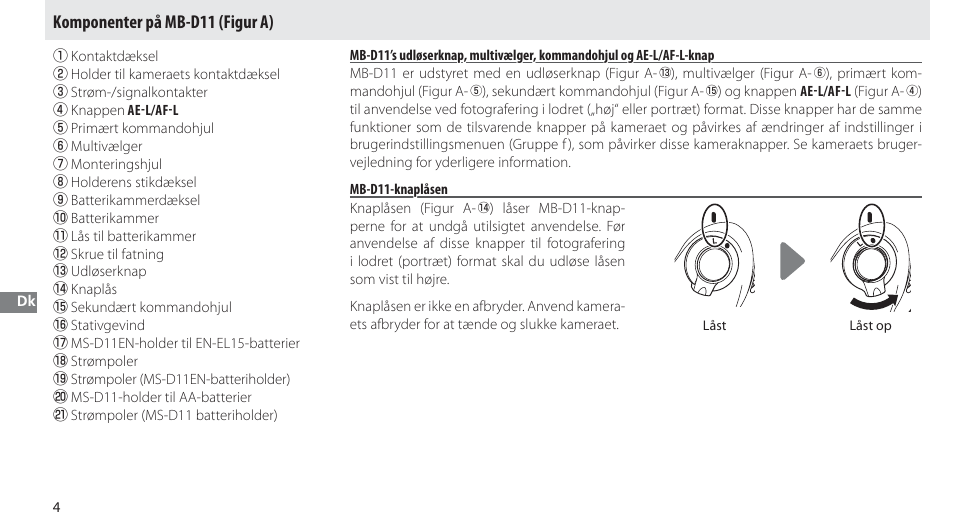 Komponenter på mb-d11, Mb-d11-knaplåsen, Komponenter på mb-d11 (figur a) | Nikon Multi-Power Battery Pack G02 User Manual | Page 100 / 332