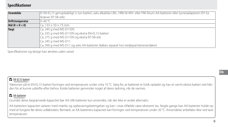 Specifikationer, Specifi kationer | Nikon Multi-Power Battery Pack G02 User Manual | Page 105 / 332