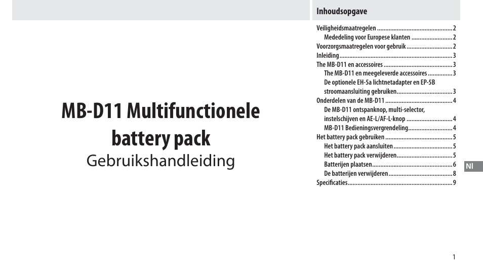 Inhoudsopgave, Mb-d11 multifunctionele battery pack, Gebruikshandleiding | Nikon Multi-Power Battery Pack G02 User Manual | Page 107 / 332