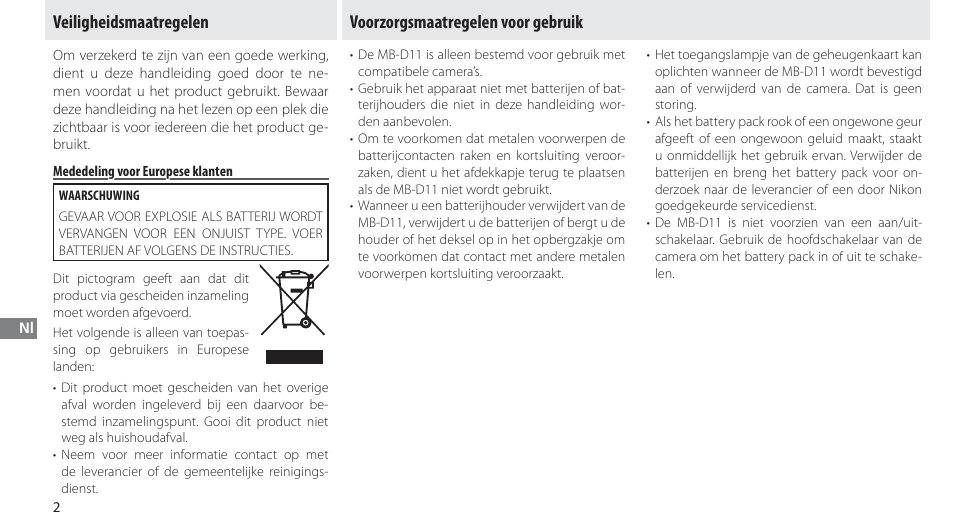 Veiligheidsmaatregelen, Mededeling voor europese klanten, Voorzorgsmaatregelen voor gebruik | Nikon Multi-Power Battery Pack G02 User Manual | Page 108 / 332