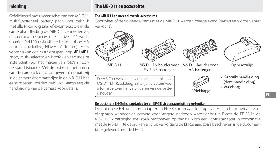 Inleiding, The mb-d11 en accessoires, The mb-d11 en meegeleverde accessoires | Nikon Multi-Power Battery Pack G02 User Manual | Page 109 / 332