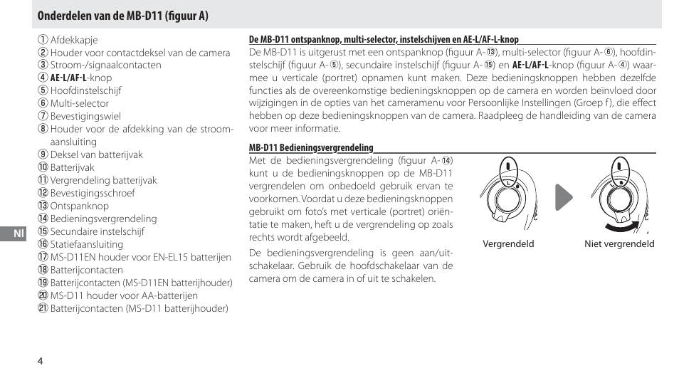Onderdelen van de mb-d11, Mb-d11 bedieningsvergrendeling, Onderdelen van de mb-d11 (fi guur a) | Nikon Multi-Power Battery Pack G02 User Manual | Page 110 / 332