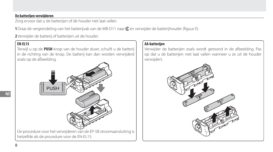 De batterijen verwijderen | Nikon Multi-Power Battery Pack G02 User Manual | Page 114 / 332