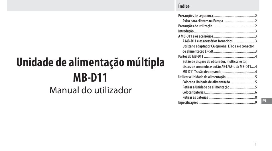 Índice, Unidade de alimentação múltipla mb-d11, Manual do utilizador | Nikon Multi-Power Battery Pack G02 User Manual | Page 117 / 332