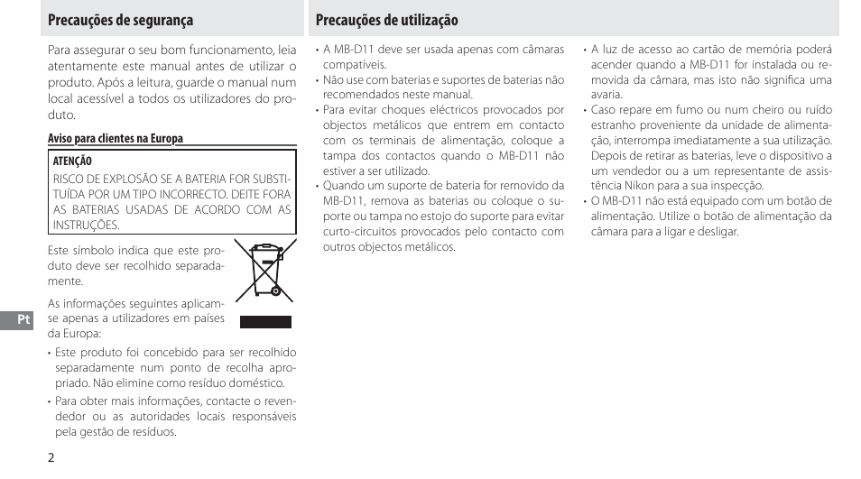 Precauções de segurança, Aviso para clientes na europa, Precauções de utilização | Nikon Multi-Power Battery Pack G02 User Manual | Page 118 / 332