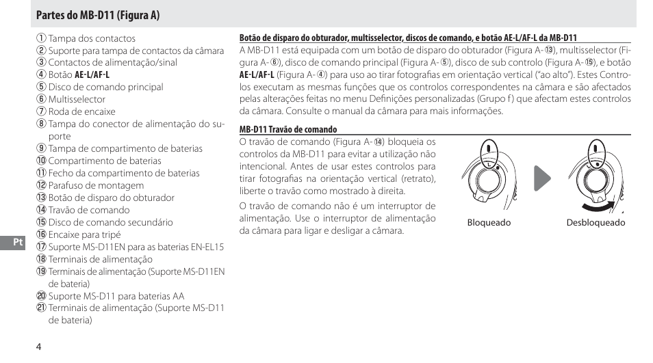 Partes do mb-d11, Mb-d11 travão de comando, Partes do mb-d11 (figura a) | Nikon Multi-Power Battery Pack G02 User Manual | Page 120 / 332