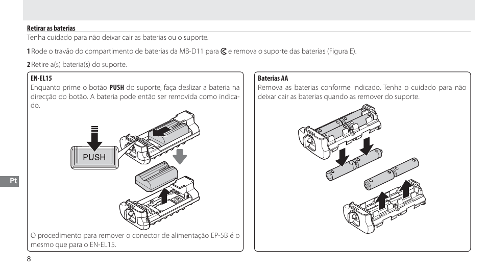 Retirar as baterias | Nikon Multi-Power Battery Pack G02 User Manual | Page 124 / 332