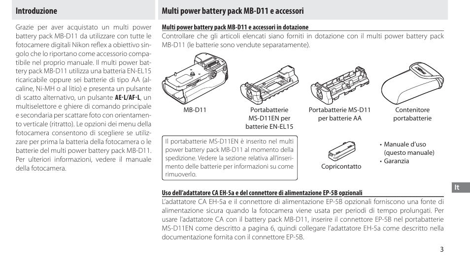 Introduzione, Multi power battery pack mb-d11 e accessori | Nikon Multi-Power Battery Pack G02 User Manual | Page 129 / 332