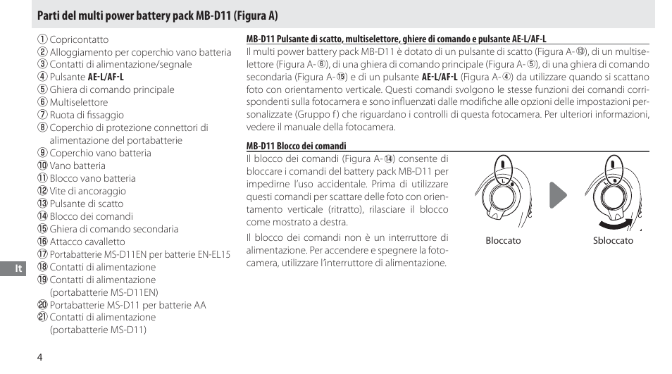 Parti del multi power battery pack mb-d11, Mb-d11 blocco dei comandi | Nikon Multi-Power Battery Pack G02 User Manual | Page 130 / 332